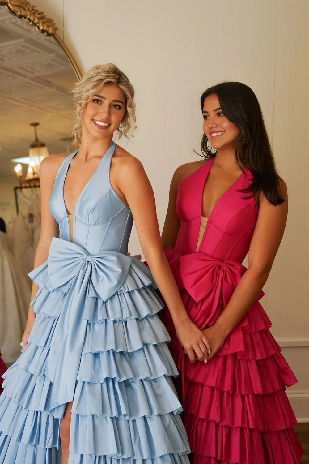 A-Line Halter Neck Long Tiered Satin Bowknot formal dresses evening dress Prom Dress with Slit